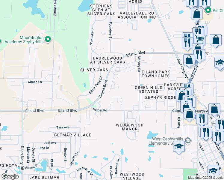 map of restaurants, bars, coffee shops, grocery stores, and more near 37245 Hannah Lane in Zephyrhills