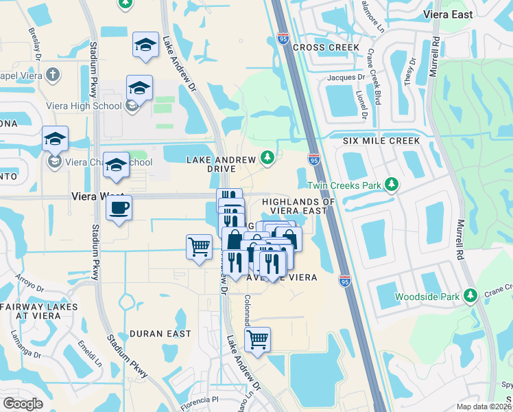 map of restaurants, bars, coffee shops, grocery stores, and more near 6421 Borasco Drive in Melbourne