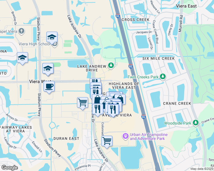 map of restaurants, bars, coffee shops, grocery stores, and more near 6421 Borasco Drive in Melbourne
