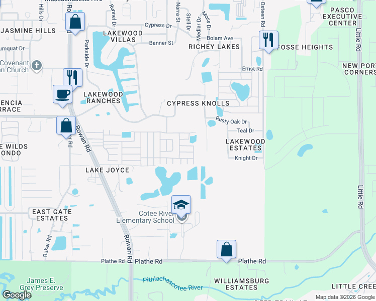 map of restaurants, bars, coffee shops, grocery stores, and more near La Paz Court in New Port Richey