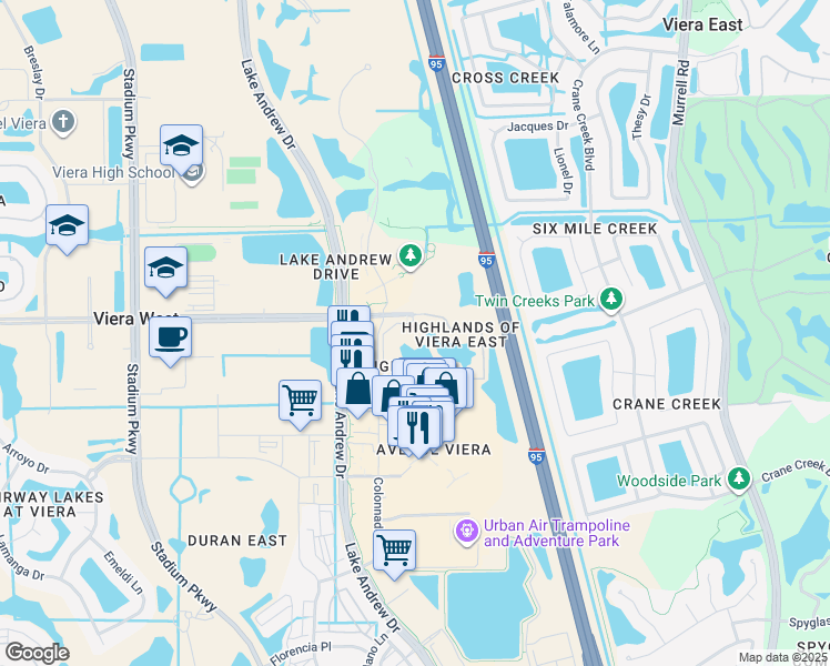 map of restaurants, bars, coffee shops, grocery stores, and more near 6401 Borasco Drive in Melbourne