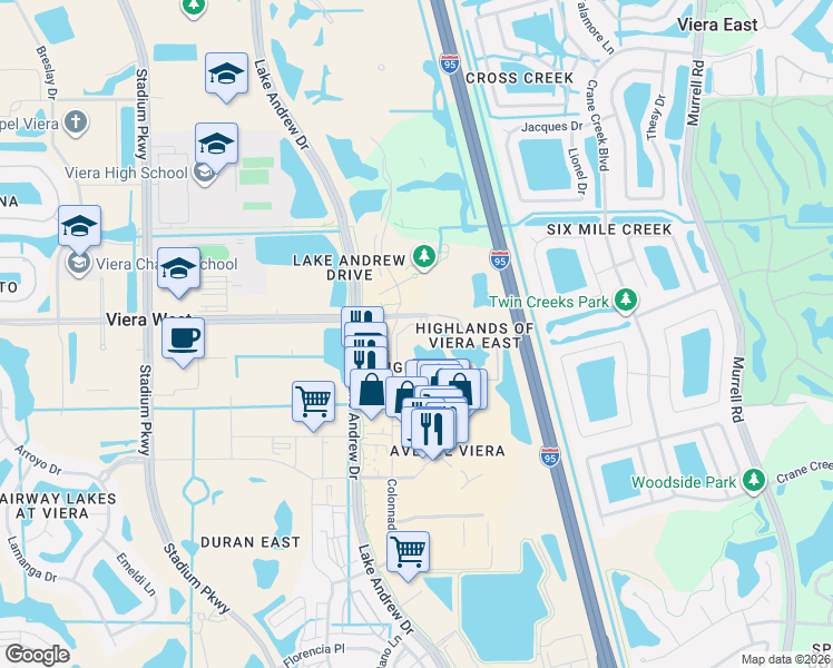 map of restaurants, bars, coffee shops, grocery stores, and more near 6411 Borasco Drive in Melbourne