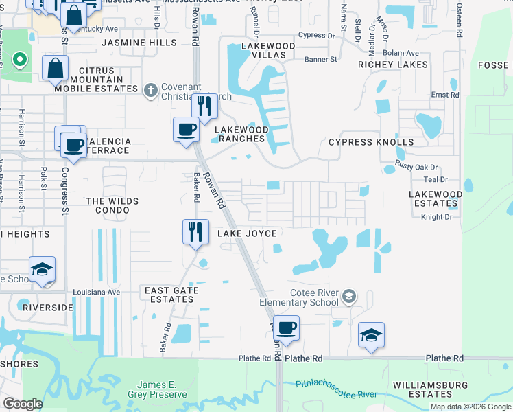 map of restaurants, bars, coffee shops, grocery stores, and more near 6105 Barcelona Avenue in New Port Richey
