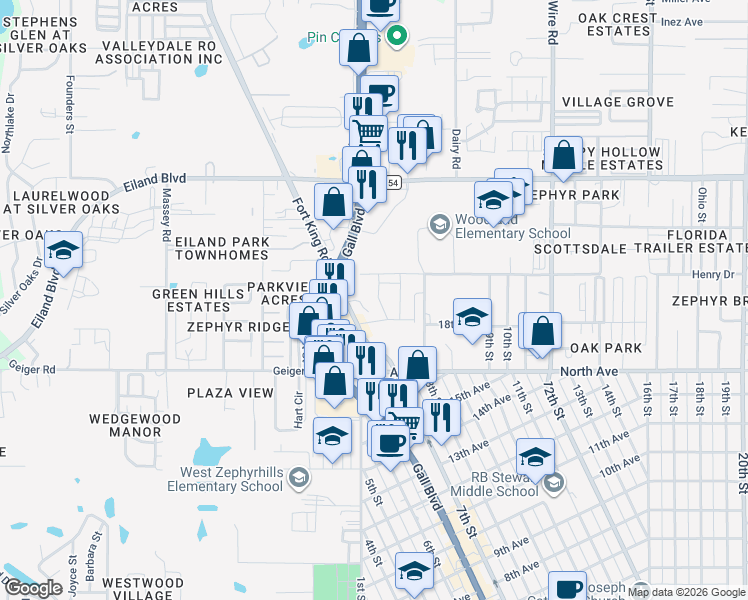 map of restaurants, bars, coffee shops, grocery stores, and more near 6203 Daerr Ridge Street in Zephyrhills