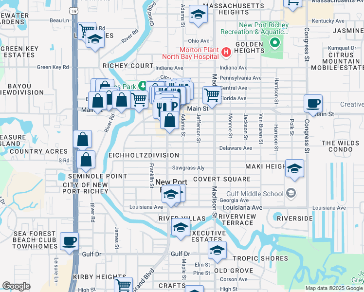 map of restaurants, bars, coffee shops, grocery stores, and more near 5740 Montana Avenue in Port Richey