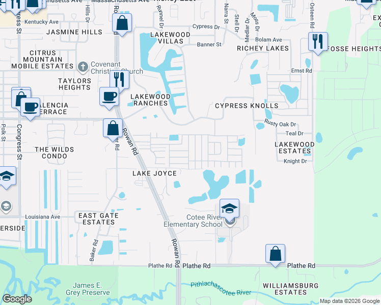 map of restaurants, bars, coffee shops, grocery stores, and more near 7324 Andalusia Avenue in New Port Richey