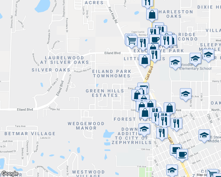 map of restaurants, bars, coffee shops, grocery stores, and more near 6141 Zephyr Ridge Drive in Zephyrhills