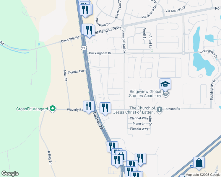 map of restaurants, bars, coffee shops, grocery stores, and more near 362 Burford Circle in Davenport