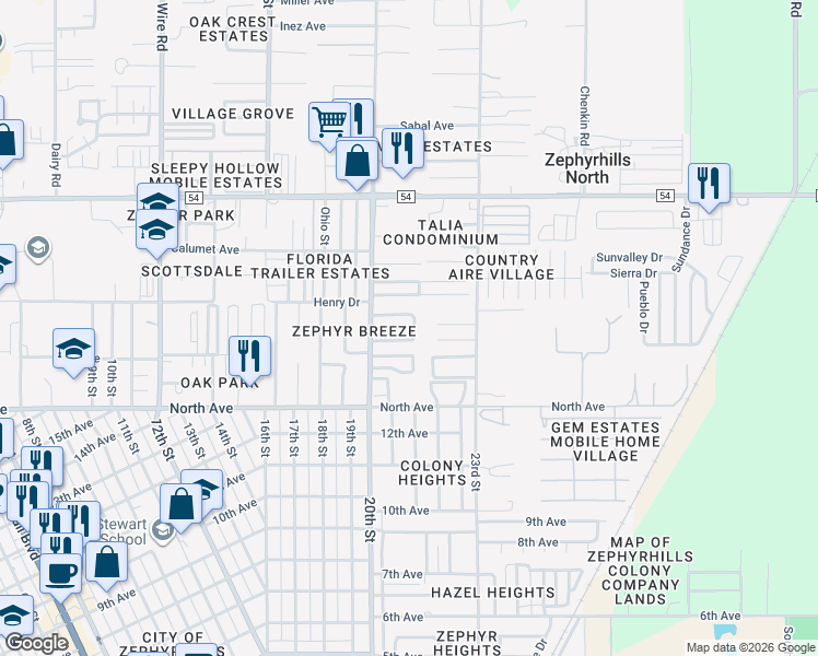 map of restaurants, bars, coffee shops, grocery stores, and more near 39043 Citadel Circle in Zephyrhills