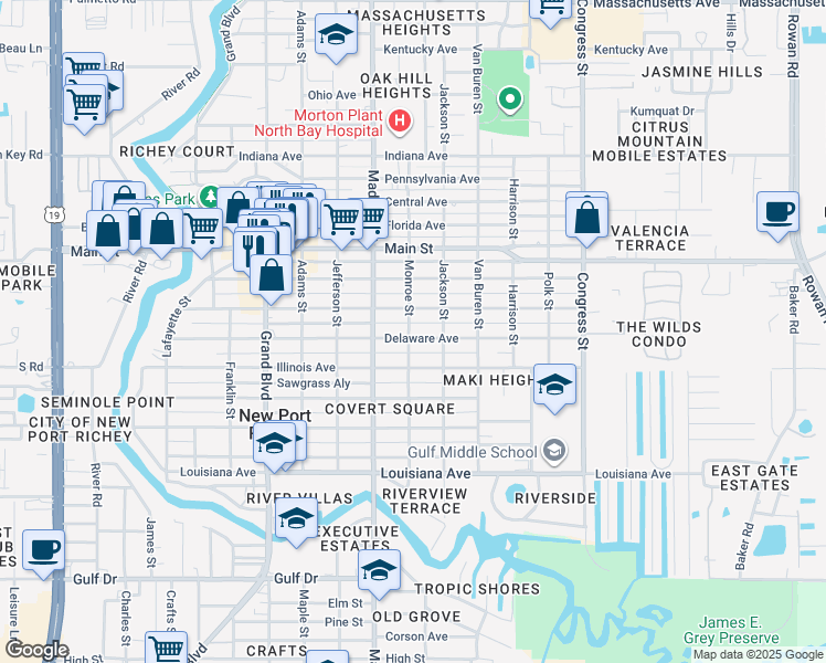map of restaurants, bars, coffee shops, grocery stores, and more near 6032 Montana Avenue in New Port Richey