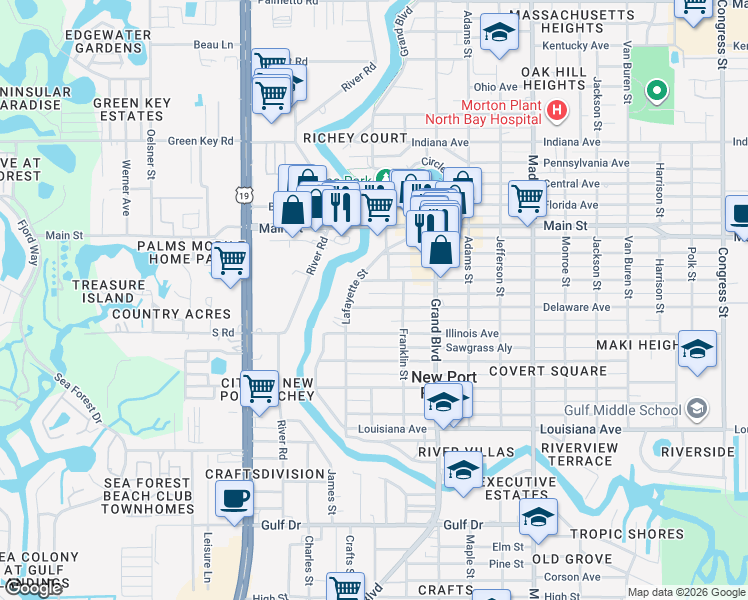 map of restaurants, bars, coffee shops, grocery stores, and more near 5600 Montana Avenue in New Port Richey