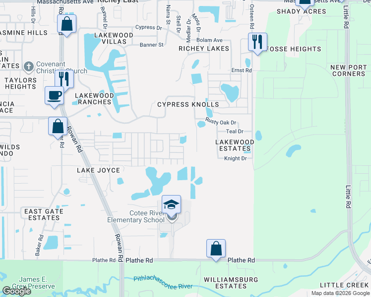 map of restaurants, bars, coffee shops, grocery stores, and more near 7551 Cadiz Avenue in New Port Richey