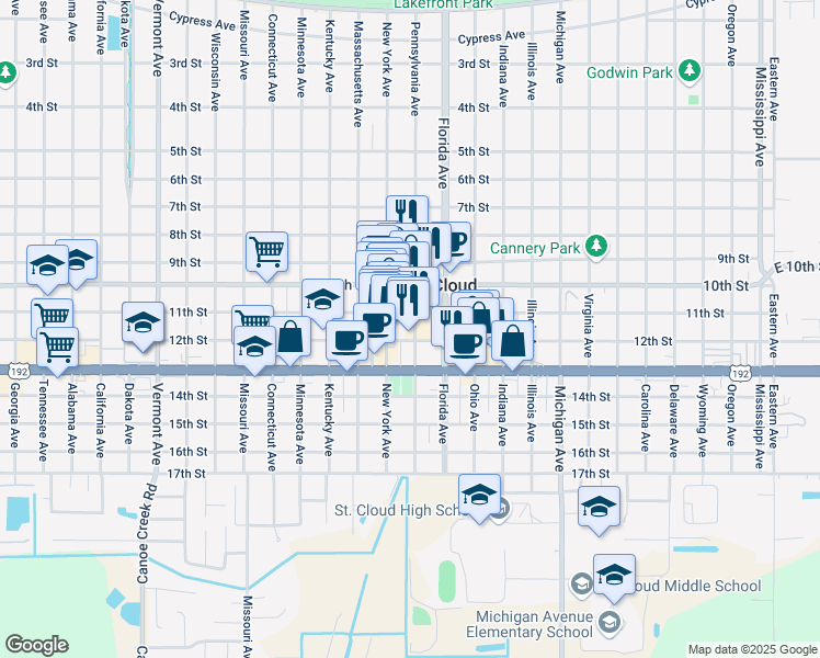 map of restaurants, bars, coffee shops, grocery stores, and more near 1118 11th Street in St. Cloud