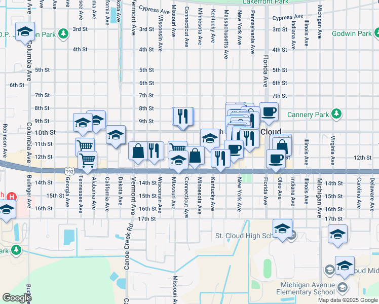 map of restaurants, bars, coffee shops, grocery stores, and more near 1023 Connecticut Avenue in St. Cloud