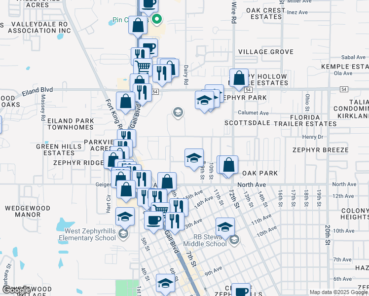 map of restaurants, bars, coffee shops, grocery stores, and more near 38300 Henry Drive in Zephyrhills