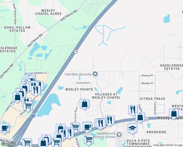 map of restaurants, bars, coffee shops, grocery stores, and more near 6300 Ashfield Place in Wesley Chapel