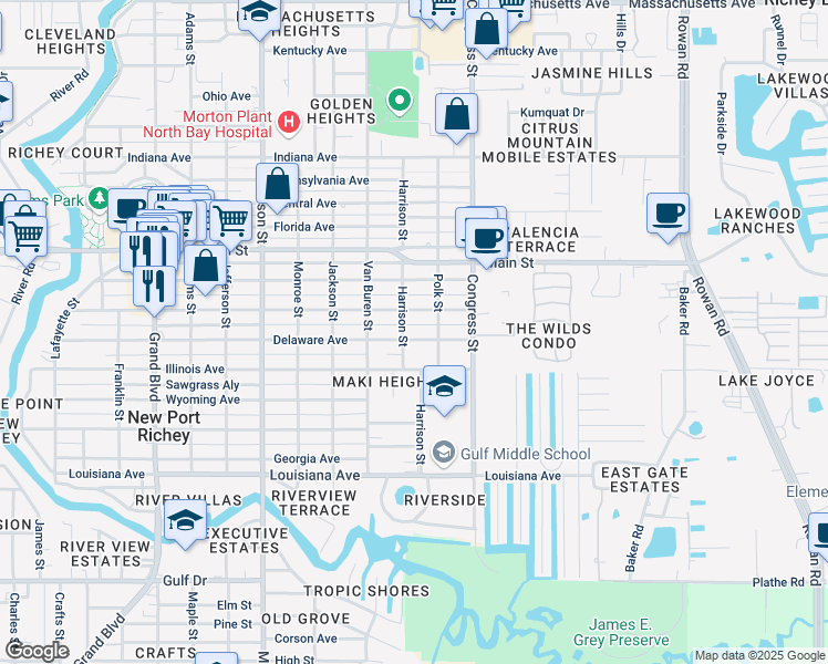map of restaurants, bars, coffee shops, grocery stores, and more near 6322 Montana Avenue in New Port Richey