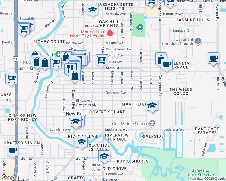 map of restaurants, bars, coffee shops, grocery stores, and more near 6032 Montana Avenue in New Port Richey