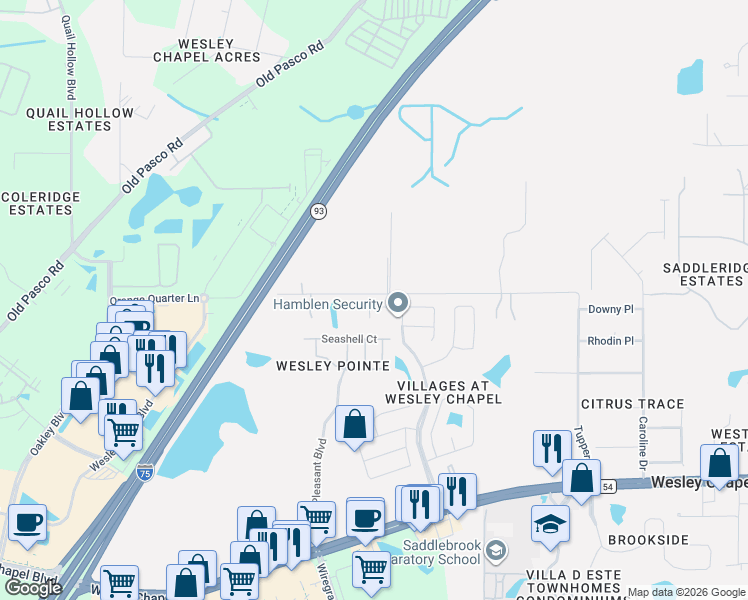 map of restaurants, bars, coffee shops, grocery stores, and more near 6300 Ashfield Place in Wesley Chapel