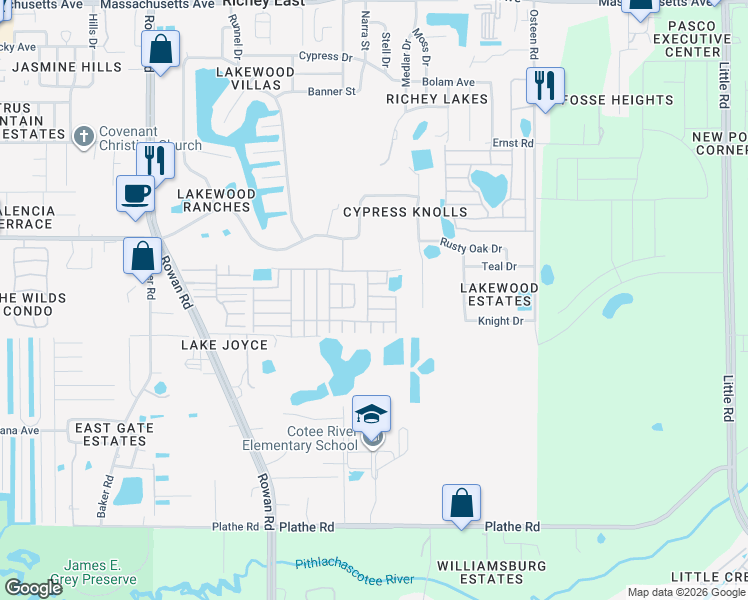map of restaurants, bars, coffee shops, grocery stores, and more near 7551 Cadiz Avenue in New Port Richey