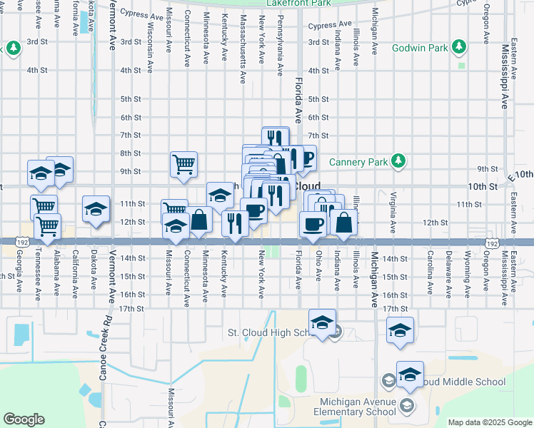 map of restaurants, bars, coffee shops, grocery stores, and more near 1037 New York Avenue in St. Cloud