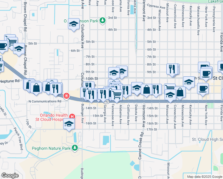map of restaurants, bars, coffee shops, grocery stores, and more near 1022 Tennessee Avenue in St. Cloud