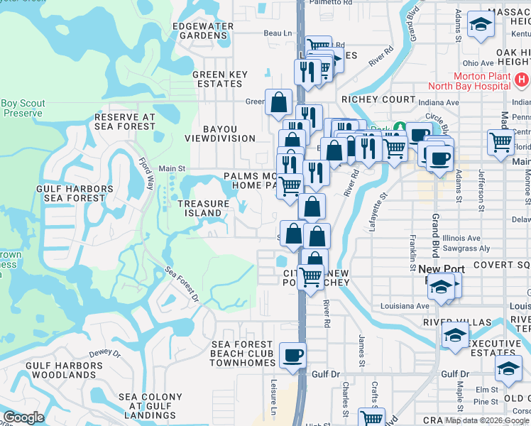 map of restaurants, bars, coffee shops, grocery stores, and more near 6116 Countryman Lane in Port Richey