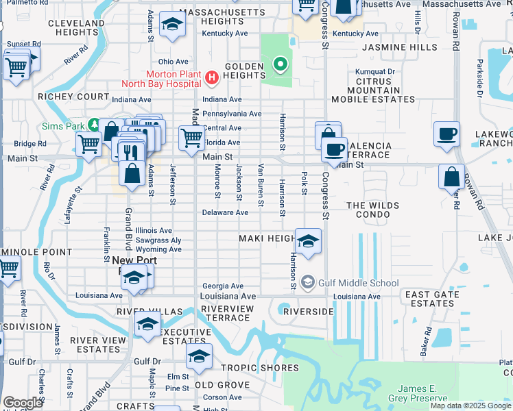 map of restaurants, bars, coffee shops, grocery stores, and more near 6105 Van Buren Street in New Port Richey