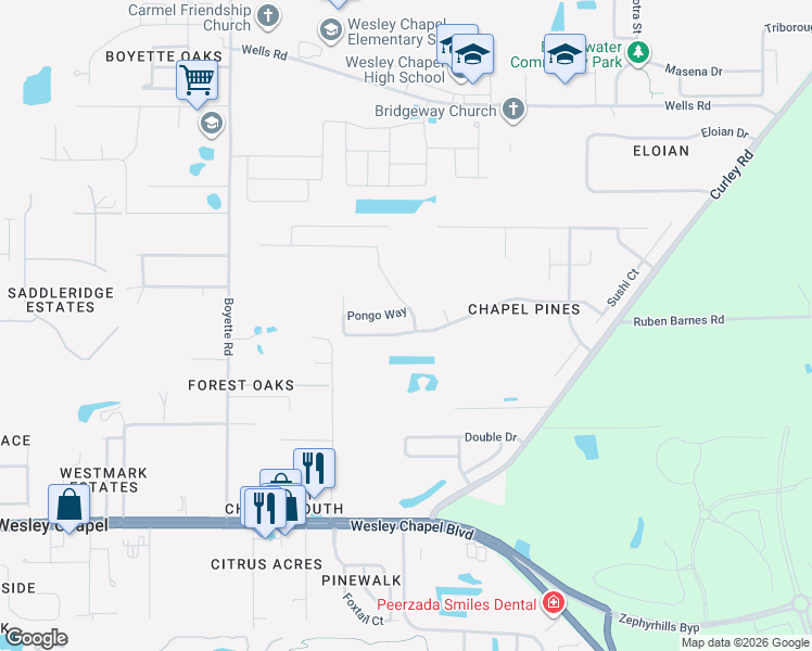 map of restaurants, bars, coffee shops, grocery stores, and more near 30415 Birdhouse Drive in Wesley Chapel