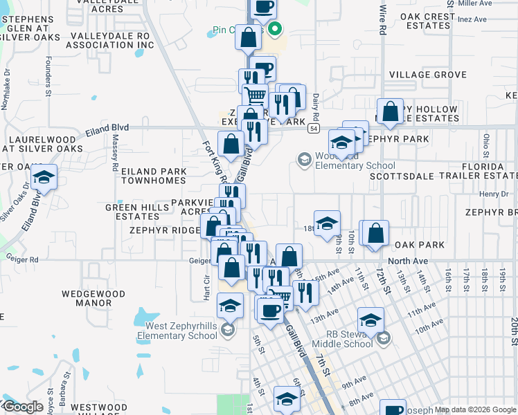 map of restaurants, bars, coffee shops, grocery stores, and more near 6215 Daerr Ridge Street in Zephyrhills