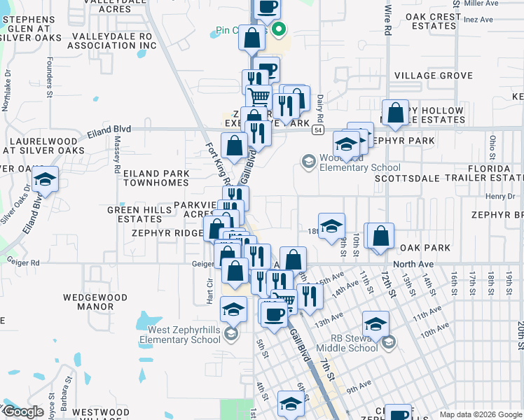map of restaurants, bars, coffee shops, grocery stores, and more near 6220 Gall Boulevard in Zephyrhills