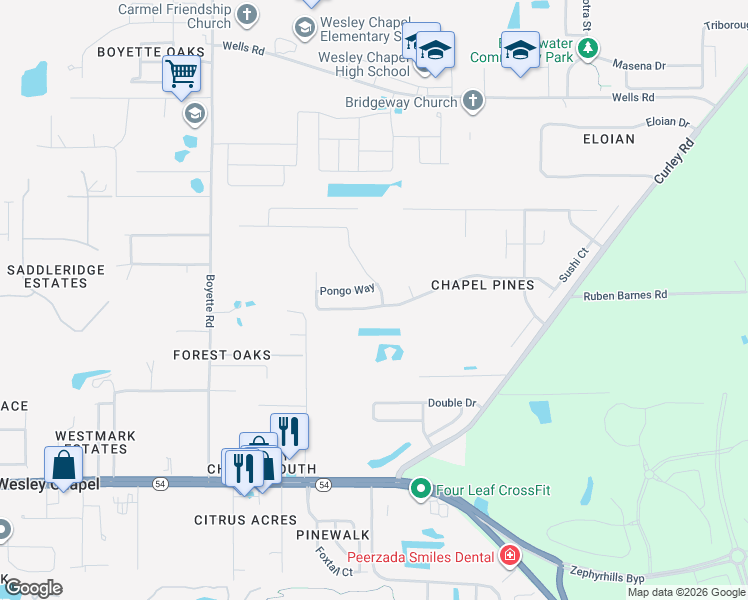 map of restaurants, bars, coffee shops, grocery stores, and more near 30415 Birdhouse Drive in Wesley Chapel