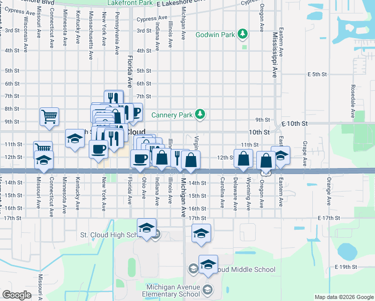 map of restaurants, bars, coffee shops, grocery stores, and more near 1022 Virginia Avenue in St. Cloud