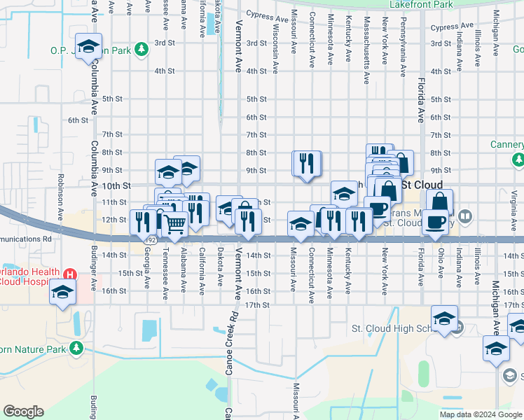 map of restaurants, bars, coffee shops, grocery stores, and more near 1023 Jersey Avenue in Saint Cloud