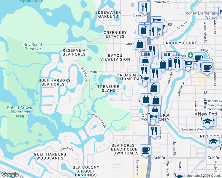 map of restaurants, bars, coffee shops, grocery stores, and more near 4904 Treasure Dr in New Port Richey