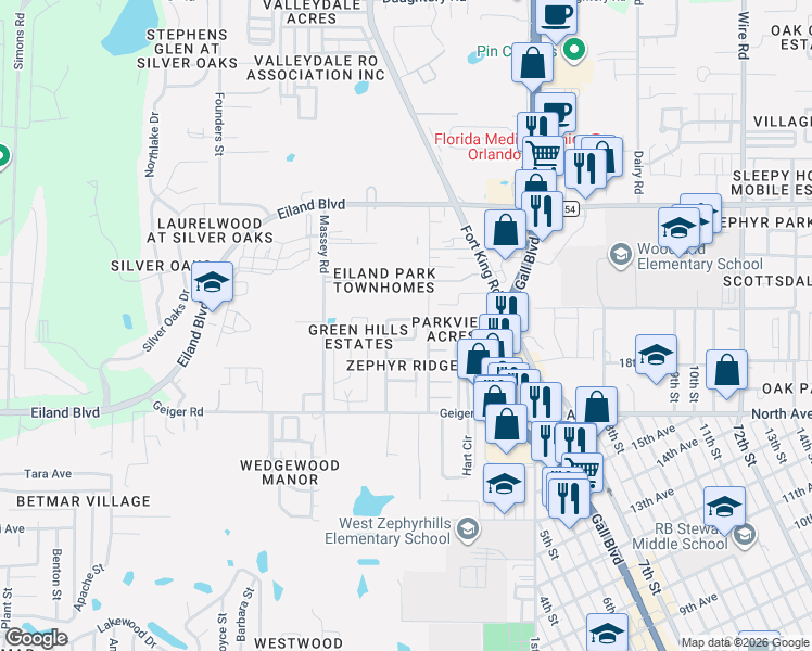 map of restaurants, bars, coffee shops, grocery stores, and more near 37650 Newal Avenue in Zephyrhills