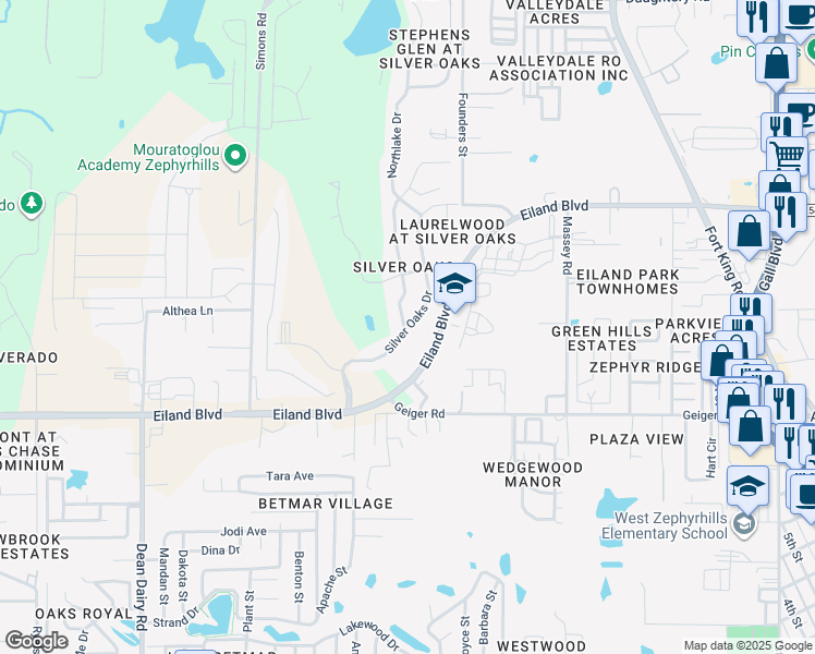 map of restaurants, bars, coffee shops, grocery stores, and more near 6221 Silver Oaks Drive in Zephyrhills