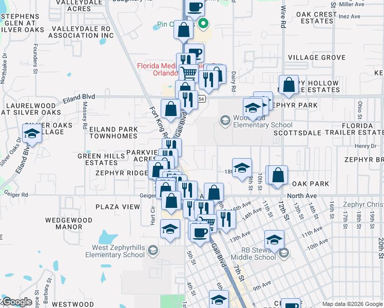 map of restaurants, bars, coffee shops, grocery stores, and more near 6220 Gall Boulevard in Zephyrhills