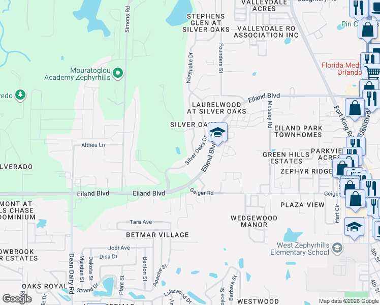 map of restaurants, bars, coffee shops, grocery stores, and more near 6208 Huntington Drive in Zephyrhills