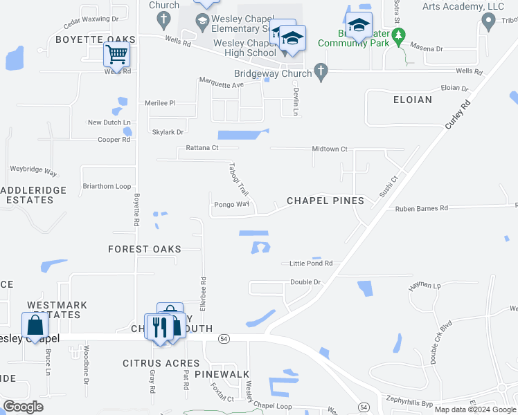 map of restaurants, bars, coffee shops, grocery stores, and more near 6228 Tabogi Trail in Wesley Chapel