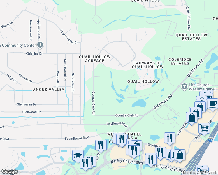 map of restaurants, bars, coffee shops, grocery stores, and more near 6144 Country Club Road in Zephyrhills