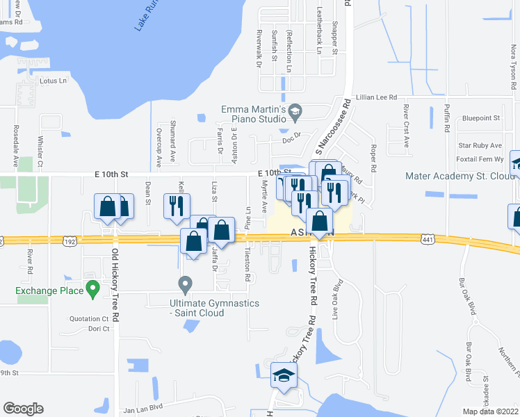 map of restaurants, bars, coffee shops, grocery stores, and more near 1170 Myrtle Avenue in Saint Cloud
