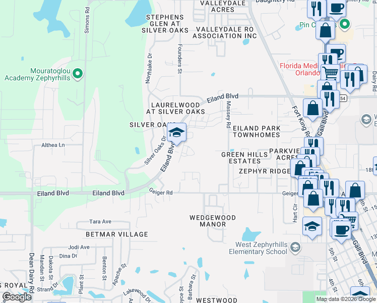 map of restaurants, bars, coffee shops, grocery stores, and more near 6224 Abbott Station Drive in Zephyrhills