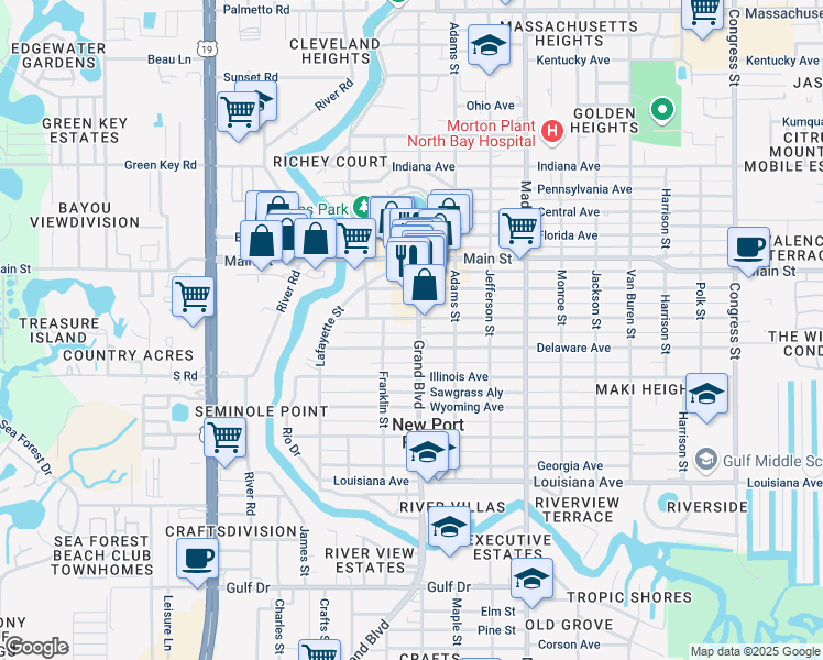 map of restaurants, bars, coffee shops, grocery stores, and more near 5650 Montana Avenue in New Port Richey