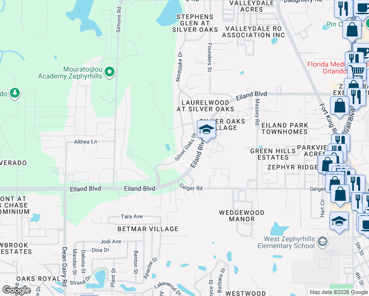 map of restaurants, bars, coffee shops, grocery stores, and more near 6208 Huntington Drive in Zephyrhills