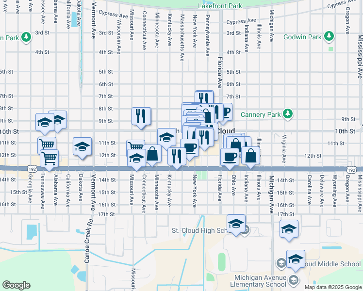 map of restaurants, bars, coffee shops, grocery stores, and more near 1102 Massachusetts Avenue in Saint Cloud