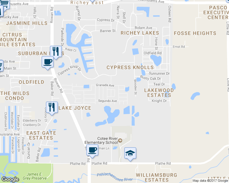 map of restaurants, bars, coffee shops, grocery stores, and more near 6121 Cortez Avenue in New Port Richey