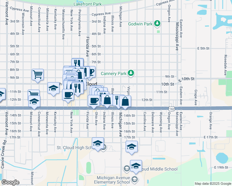 map of restaurants, bars, coffee shops, grocery stores, and more near 715 11th Street in St. Cloud