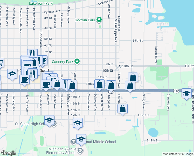 map of restaurants, bars, coffee shops, grocery stores, and more near 1103 Delaware Avenue in Saint Cloud