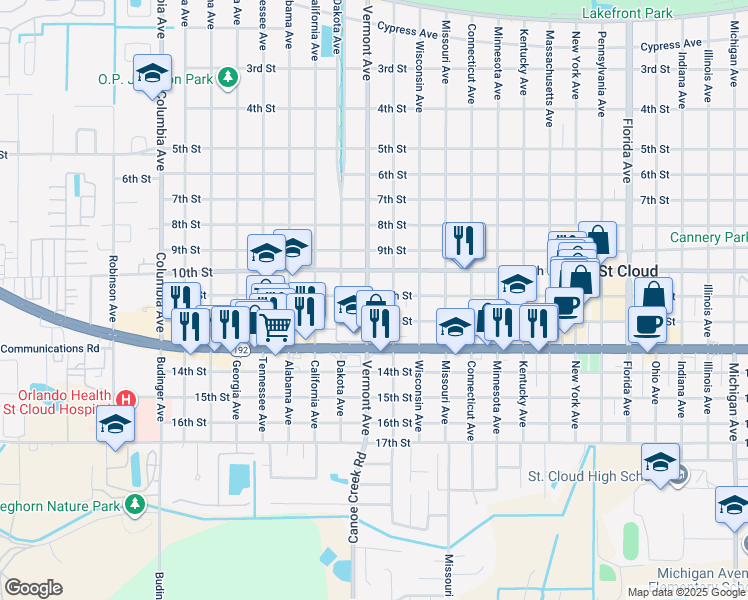 map of restaurants, bars, coffee shops, grocery stores, and more near 1024 Vermont Avenue in St. Cloud